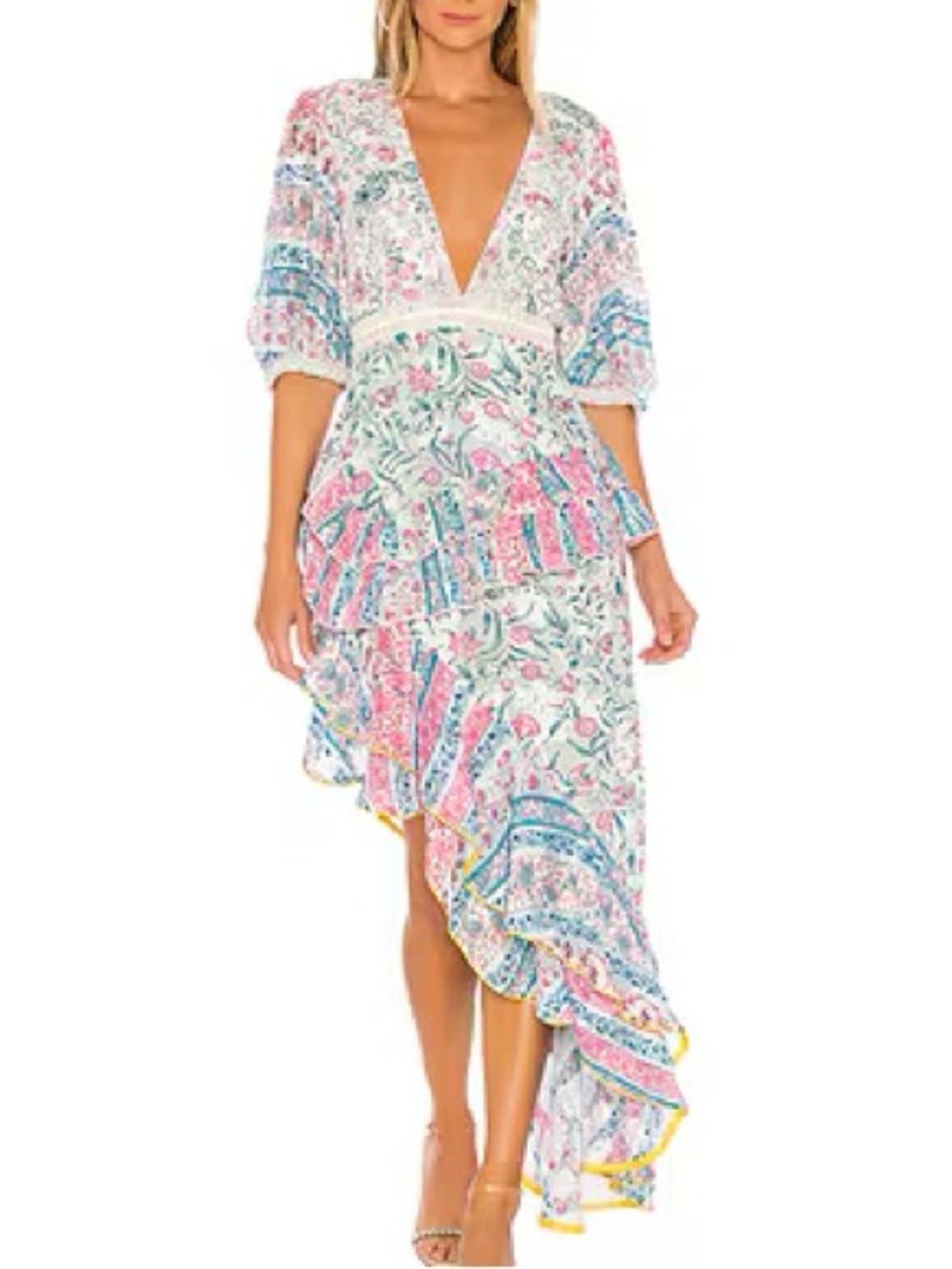 HEMANT & NANDITA Hana Asymmetrical Maxi Dress, Lace + Pearl Detail, Size M